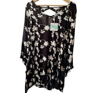 NWT Umgee Women’s Black White Floral Embroider Tunic Dress Long Bell Sleeve Sz S